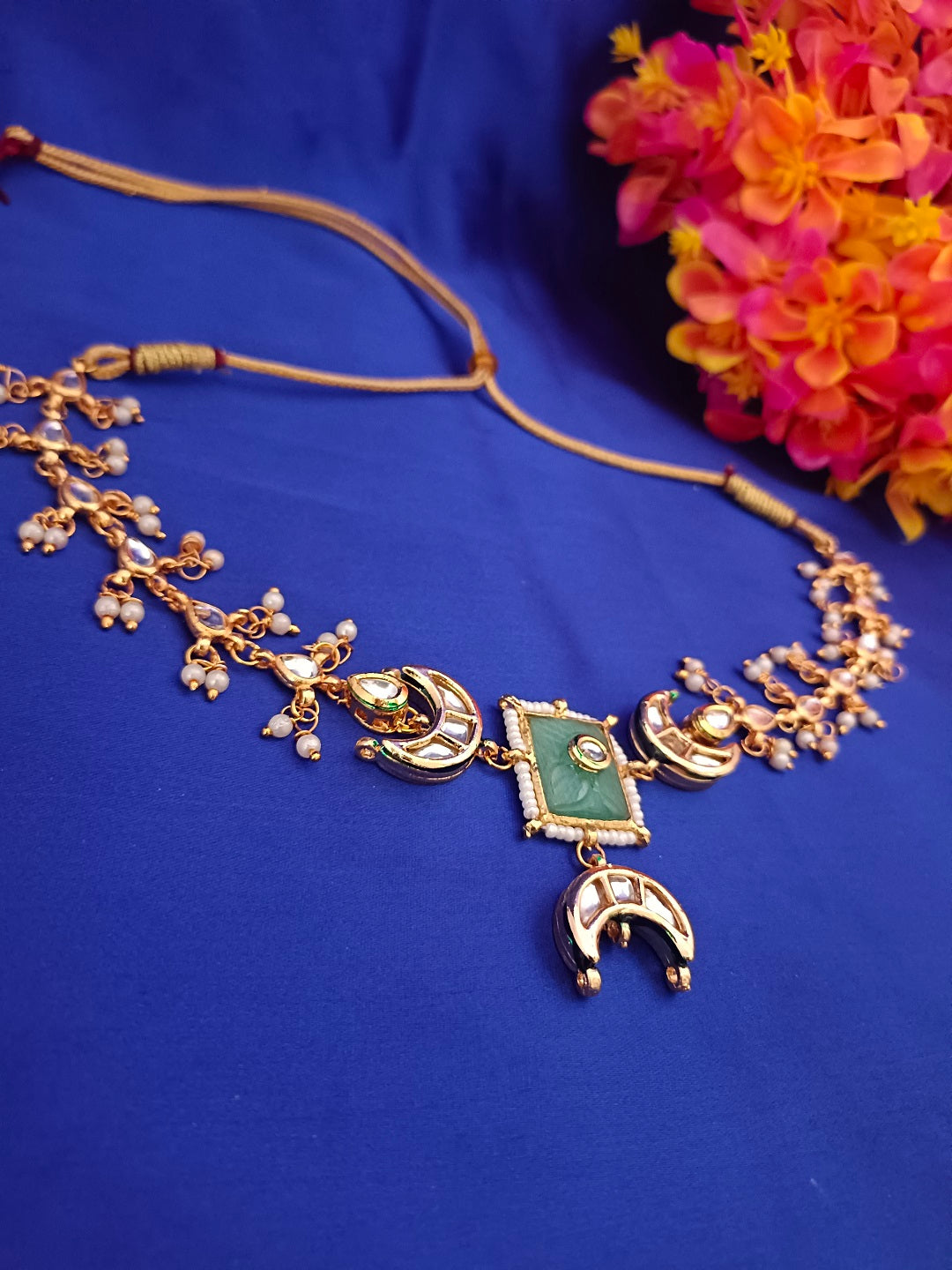 Sanjog Rajwadi Gold Plated Kundan Choker Necklace with Faux Gemstone, Crescent Moon Chaandbali Motifs, and Pearl Drops