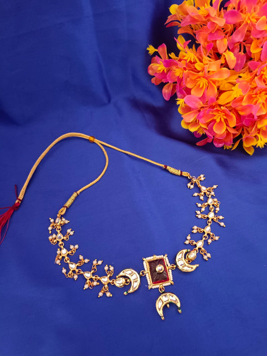 Sanjog Opulent Bridal Gold Plated Crescent Moon Kundan Choker Necklace Set with Faux Ruby Red Stones and Pearl Drops