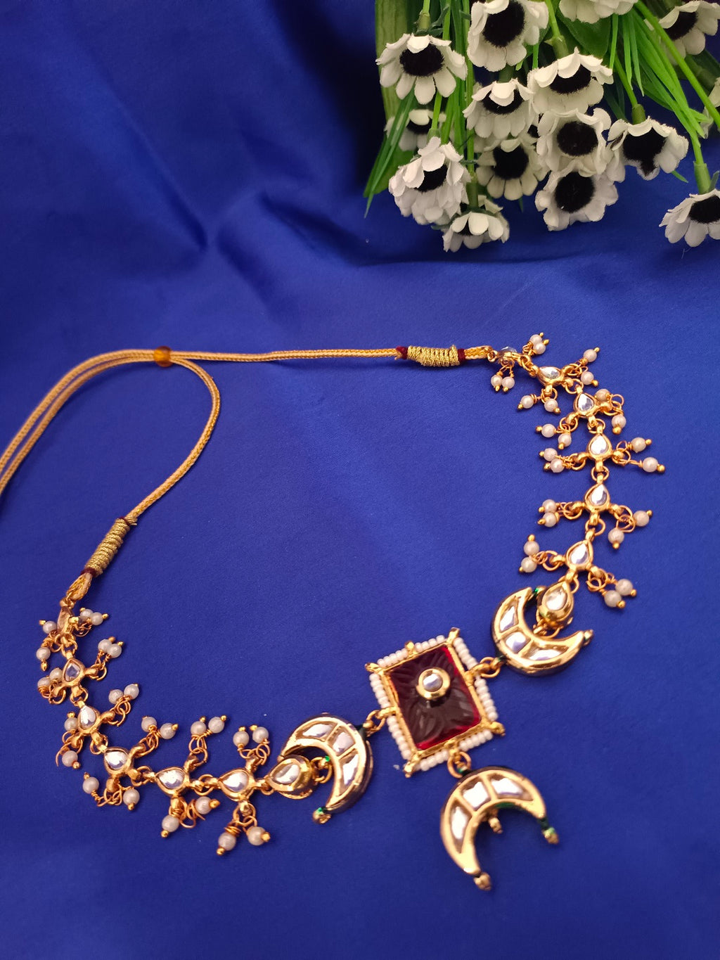 Sanjog Opulent Bridal Gold Plated Crescent Moon Kundan Choker Necklace Set with Faux Ruby Red Stones and Pearl Drops