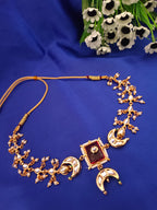 Sanjog Opulent Bridal Gold Plated Crescent Moon Kundan Choker Necklace Set with Faux Ruby Red Stones and Pearl Drops