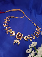 Sanjog Opulent Bridal Gold Plated Crescent Moon Kundan Choker Necklace Set with Faux Ruby Red Stones and Pearl Drops