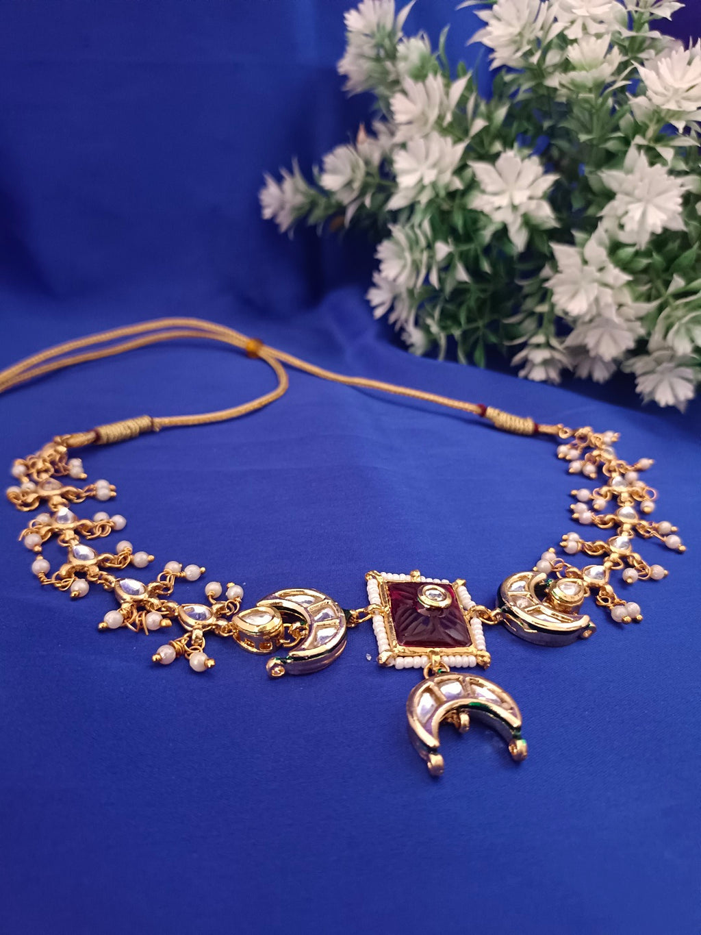 Sanjog Opulent Bridal Gold Plated Crescent Moon Kundan Choker Necklace Set with Faux Ruby Red Stones and Pearl Drops