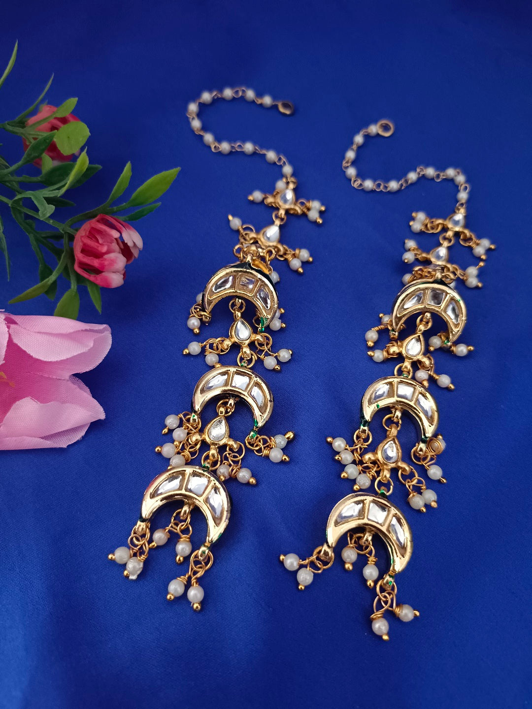 Sanjog Grand Kundan Chandbali Earrings Earchains with Saharay/Motichoor