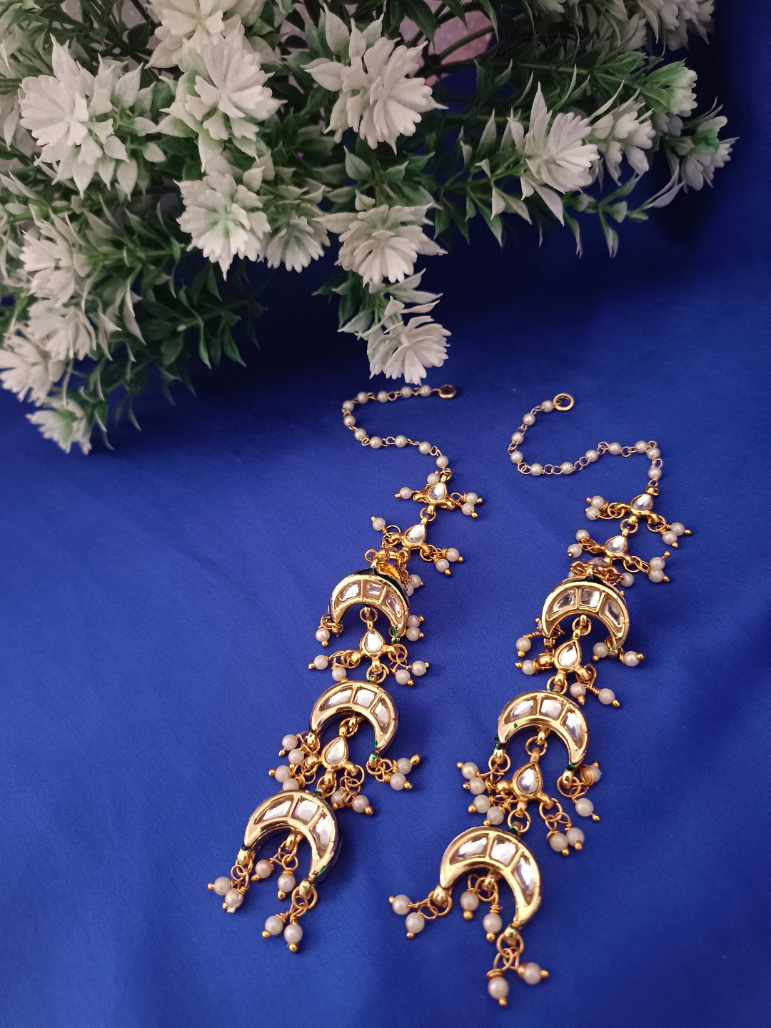 Sanjog Grand Kundan Chandbali Earrings Earchains with Saharay/Motichoor