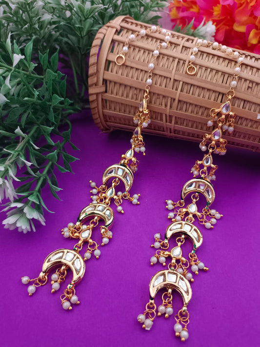 Sanjog Grand Kundan Chandbali Earrings Earchains with Saharay/Motichoor