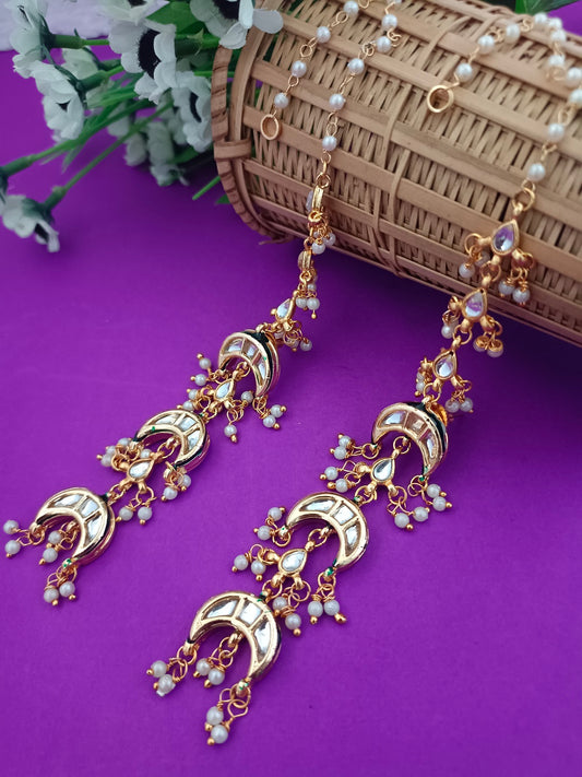 Sanjog Grand Kundan Chandbali Earrings Earchains with Saharay/Motichoor