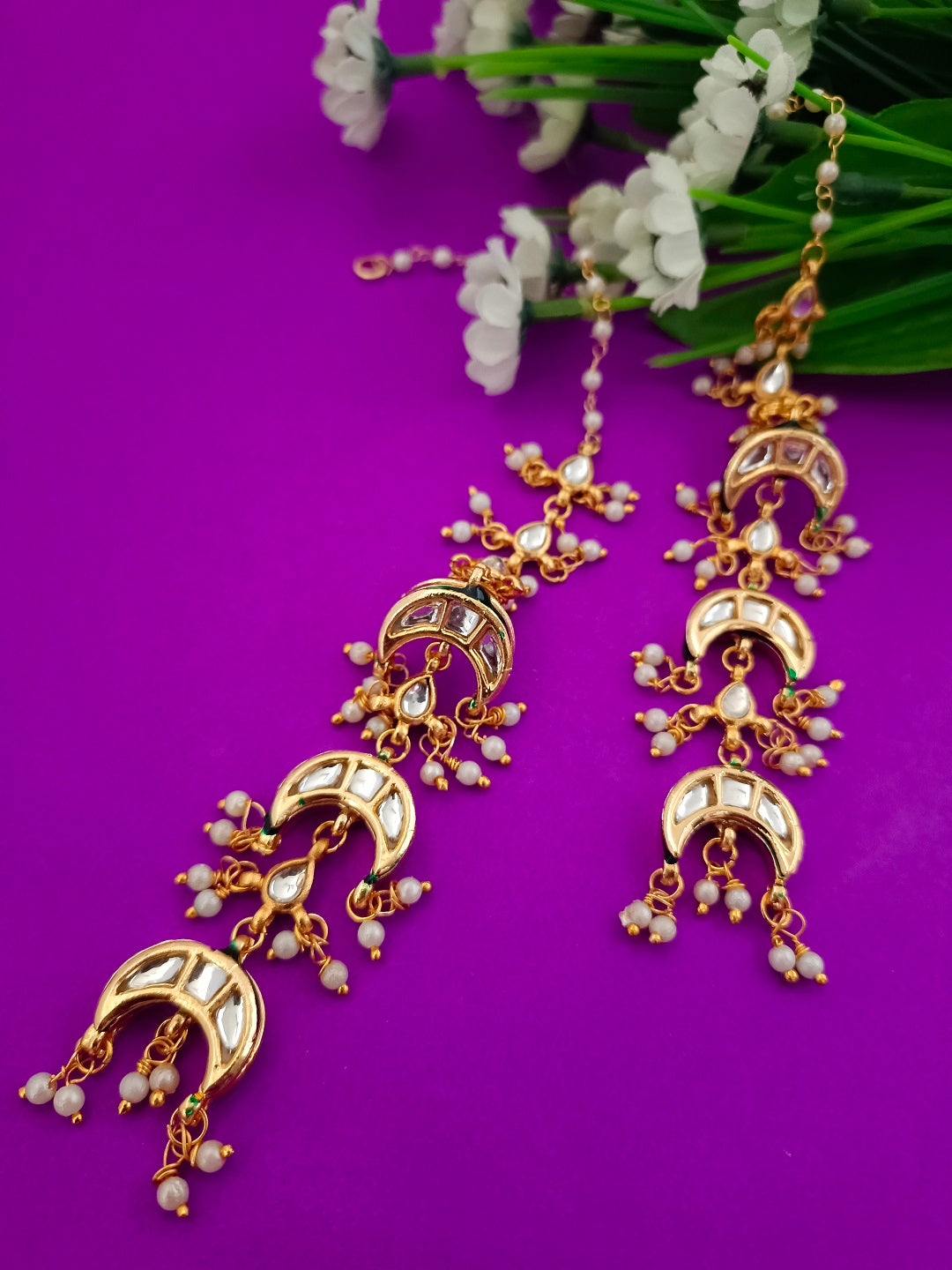 Sanjog Grand Kundan Chandbali Earrings Earchains with Saharay/Motichoor