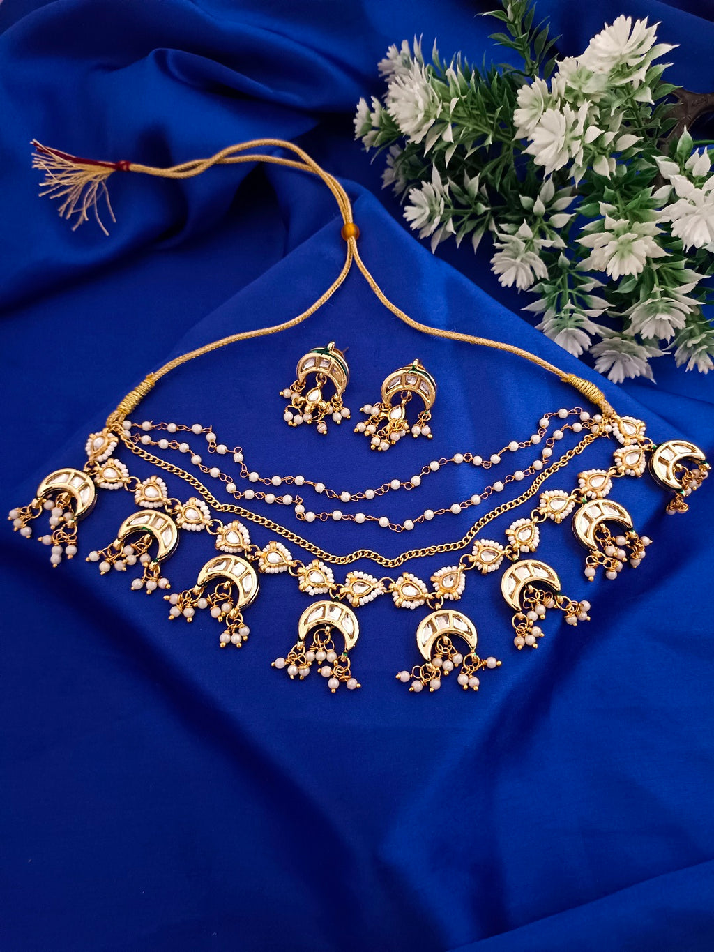 Sanjog Grand Gold Plated Multi-Layer Kundan Choker Necklace Set with Chaandbali Motifs & Pearl Drops