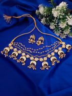 Sanjog Grand Gold Plated Multi-Layer Kundan Choker Necklace Set with Chaandbali Motifs & Pearl Drops