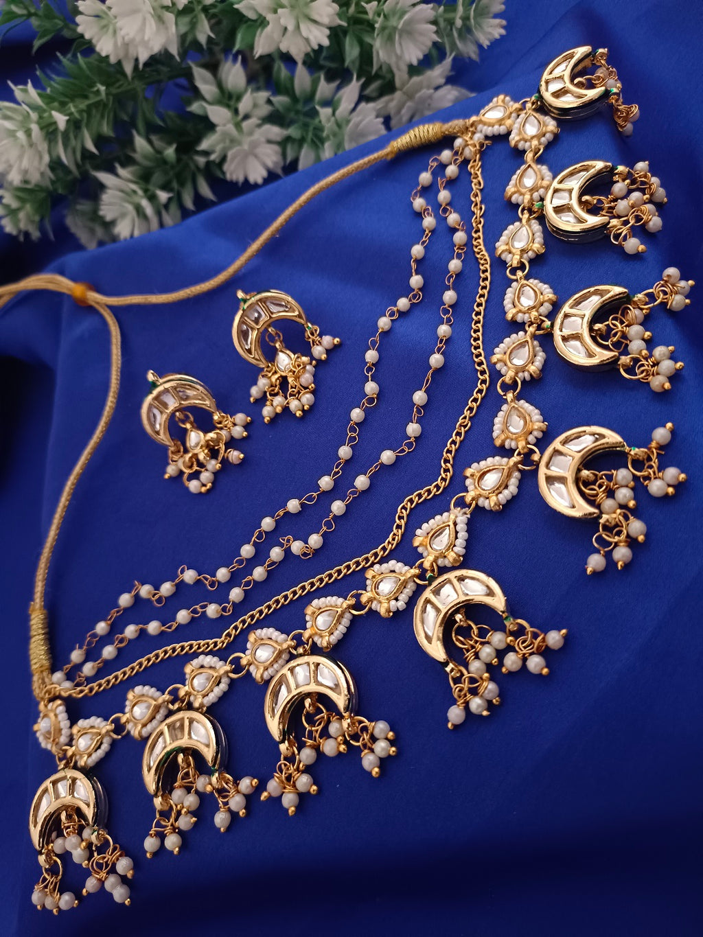 Sanjog Grand Gold Plated Multi-Layer Kundan Choker Necklace Set with Chaandbali Motifs & Pearl Drops