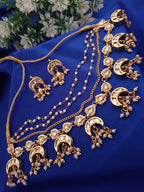 Sanjog Grand Gold Plated Multi-Layer Kundan Choker Necklace Set with Chaandbali Motifs & Pearl Drops
