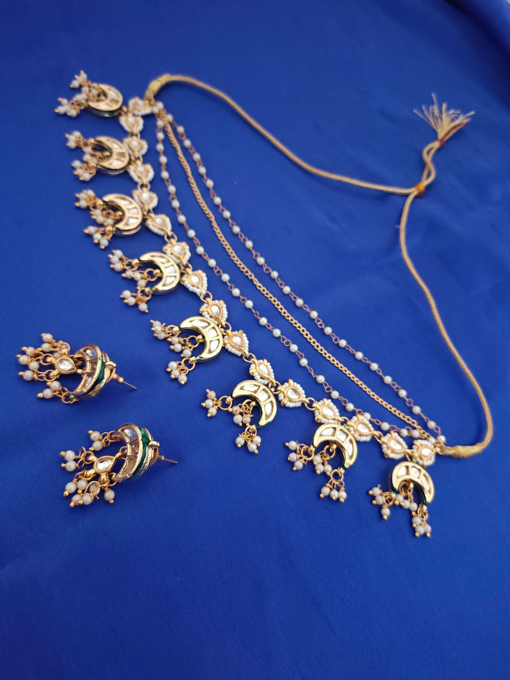 Sanjog Grand Gold Plated Multi-Layer Kundan Choker Necklace Set with Chaandbali Motifs & Pearl Drops