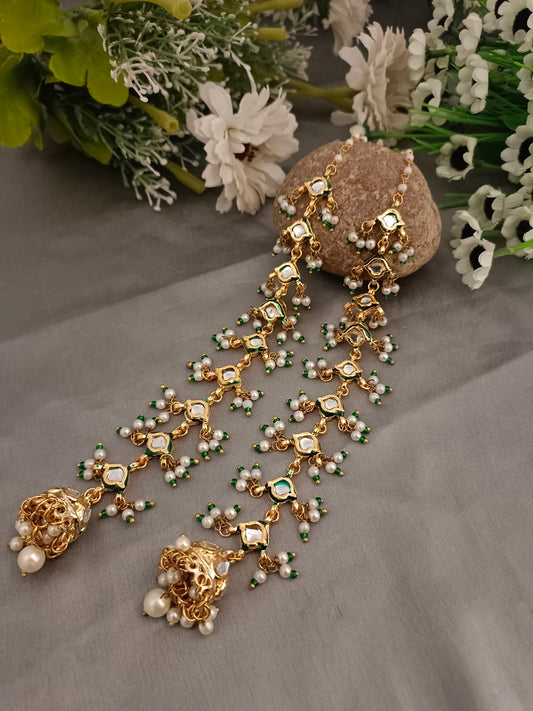 Sanjog Grand Kundan/Polki Jhumka Earrings with Attached Saharay Ear Chain | Gold Plated Meenakari & Pearl Drops for Bridal Wear