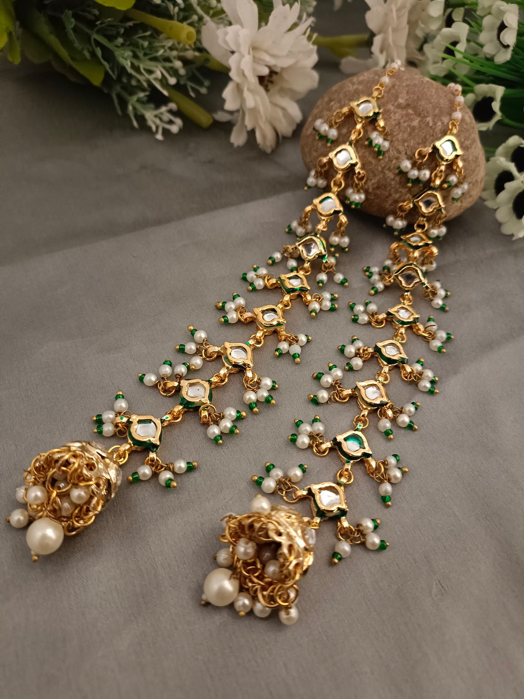 Sanjog Grand Kundan/Polki Jhumka Earrings with Attached Sahara Ear Chain | Gold Plated Meenakari & Pearl Drops for Bridal Wear