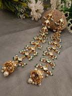 Sanjog Grand Kundan/Polki Jhumka Earrings with Attached Sahara Ear Chain | Gold Plated Meenakari & Pearl Drops for Bridal Wear