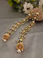 Sanjog Grand Kundan/Polki Jhumka Earrings with Attached Sahara Ear Chain | Gold Plated Meenakari & Pearl Drops for Bridal Wear