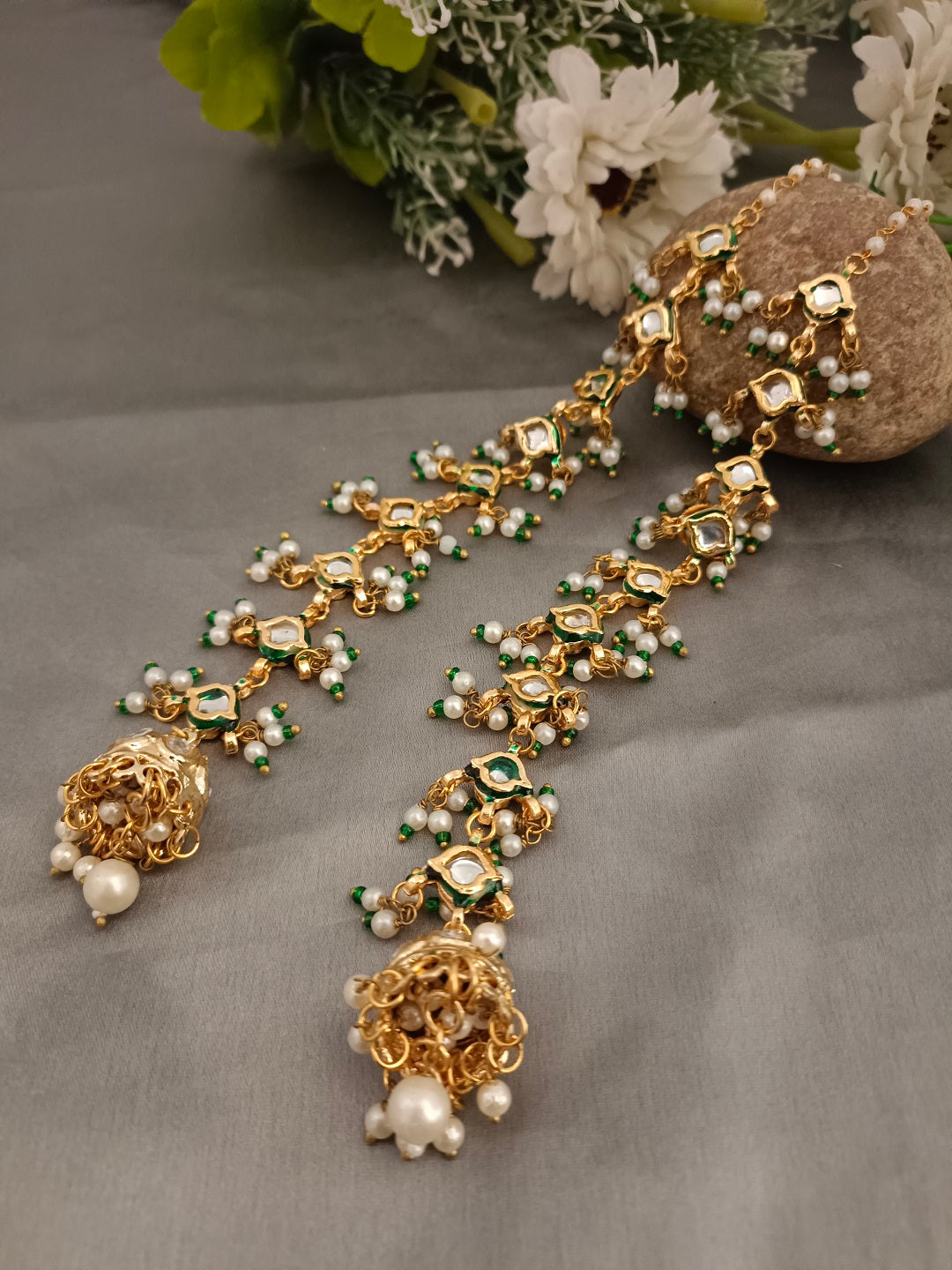 Sanjog Grand Kundan/Polki Jhumka Earrings with Attached Sahara Ear Chain | Gold Plated Meenakari & Pearl Drops for Bridal Wear