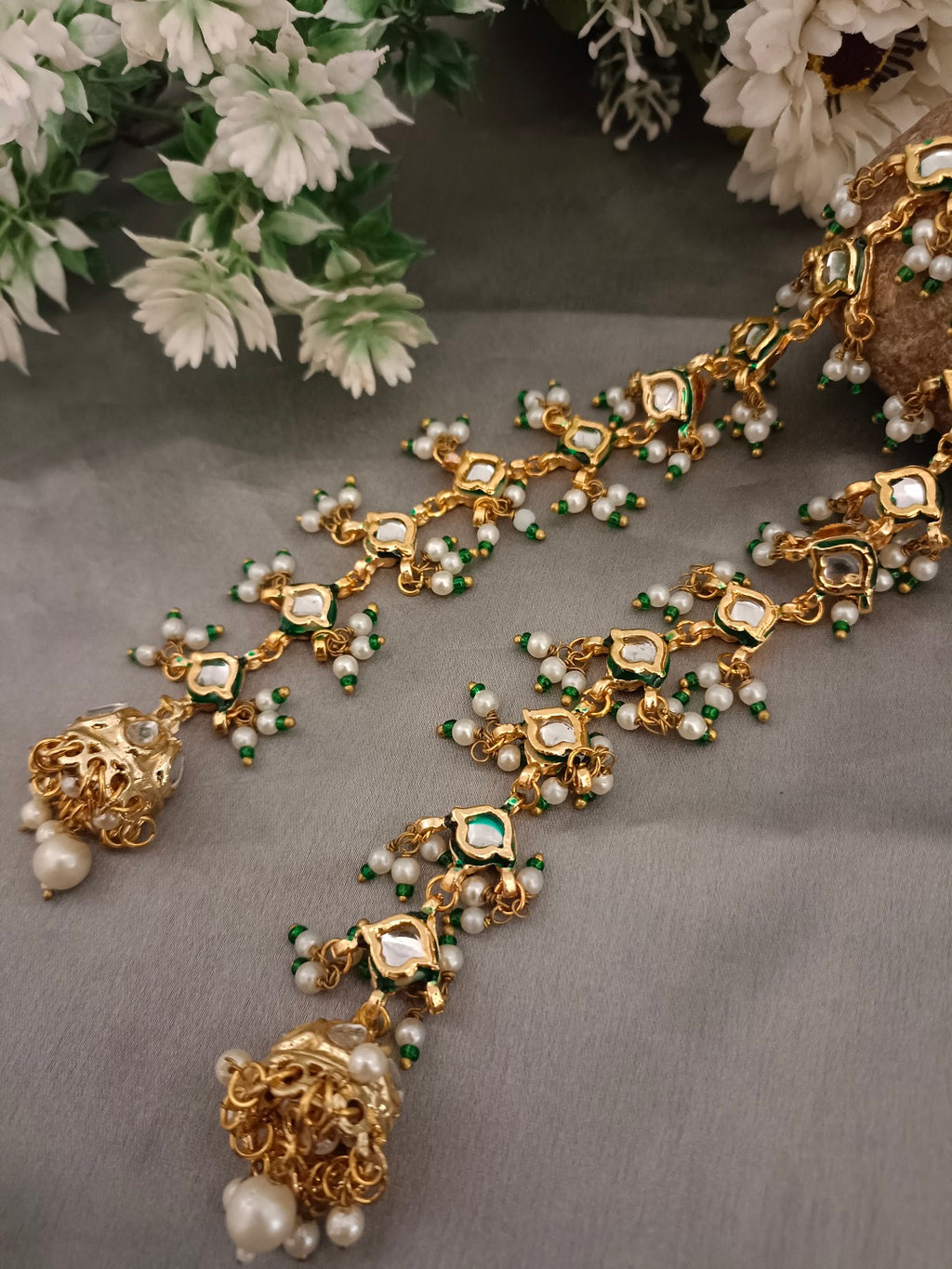 Sanjog Grand Kundan/Polki Jhumka Earrings with Attached Sahara Ear Chain | Gold Plated Meenakari & Pearl Drops for Bridal Wear