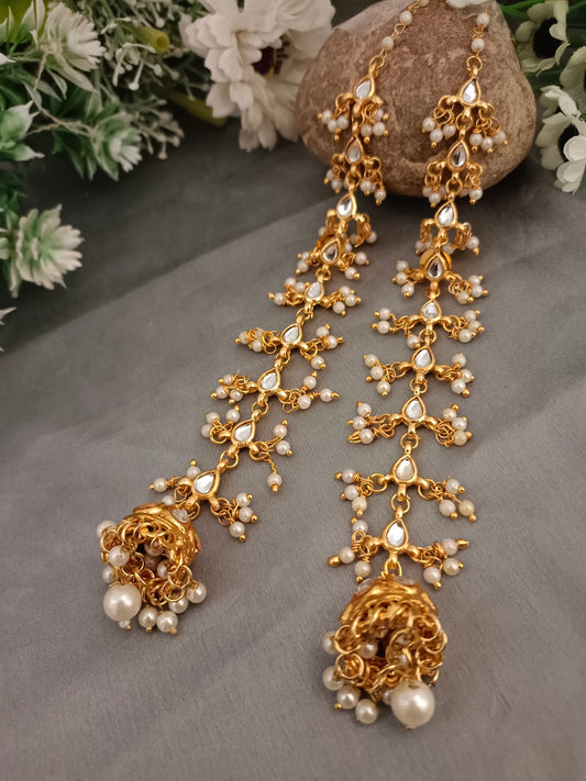Sanjog Opulent Kundan Jhumka Earrings with Attached Saharay Ear Chains Earrings