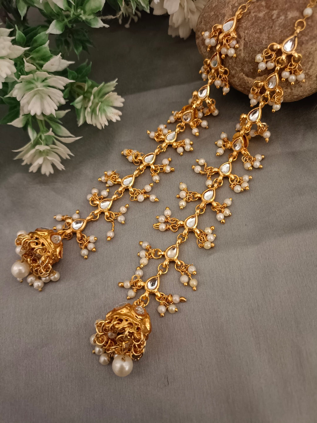 Sanjog Opulent Kundan Jhumka Earrings with Attached Saharay Ear Chains Earrings