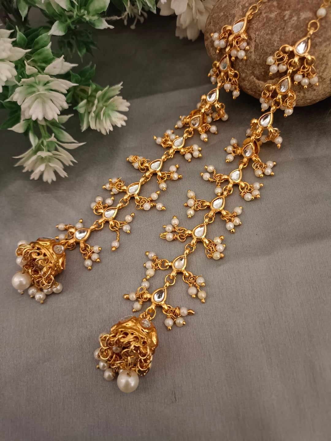 Sanjog Opulent Kundan Jhumka Earrings with Attached Saharay Ear Chains Earrings