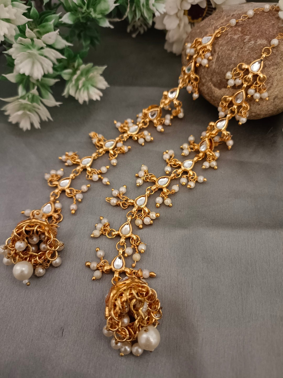 Sanjog Opulent Kundan Jhumka Earrings with Attached Saharay Ear Chains Earrings