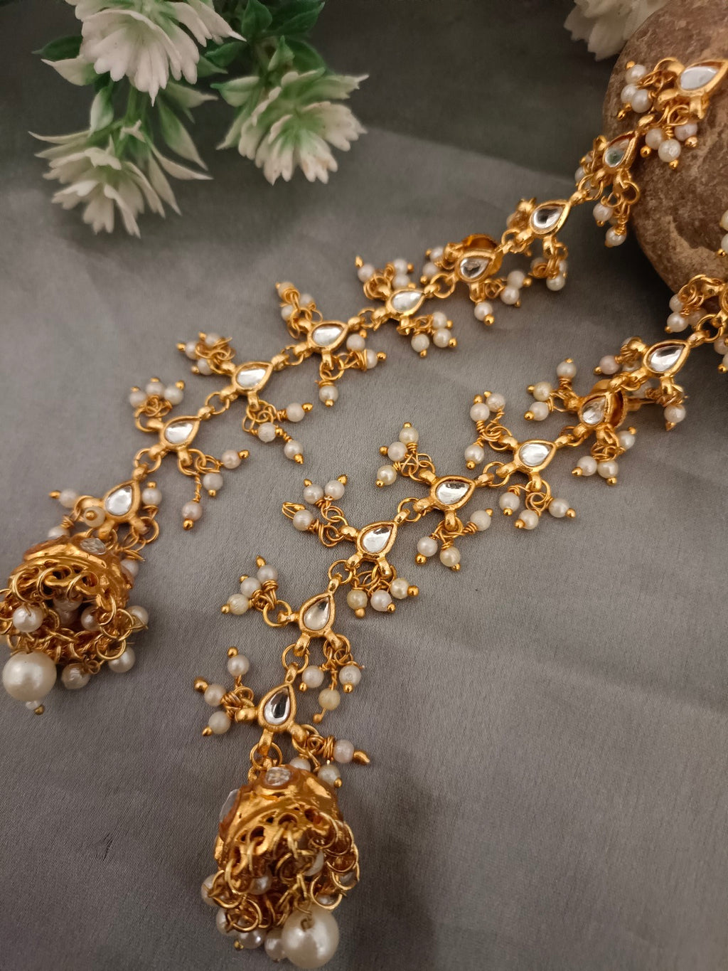 Sanjog Opulent Kundan Jhumka Earrings with Attached Saharay Ear Chains Earrings