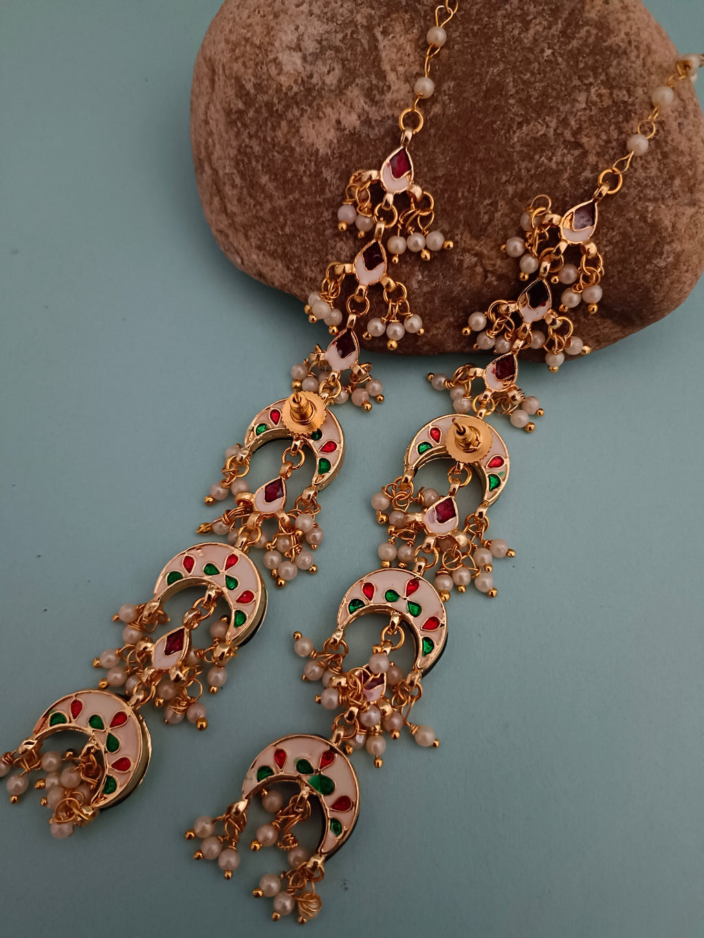 Sanjog Grand Kundan Chandbali Earrings Earchains with Saharay/Motichoor