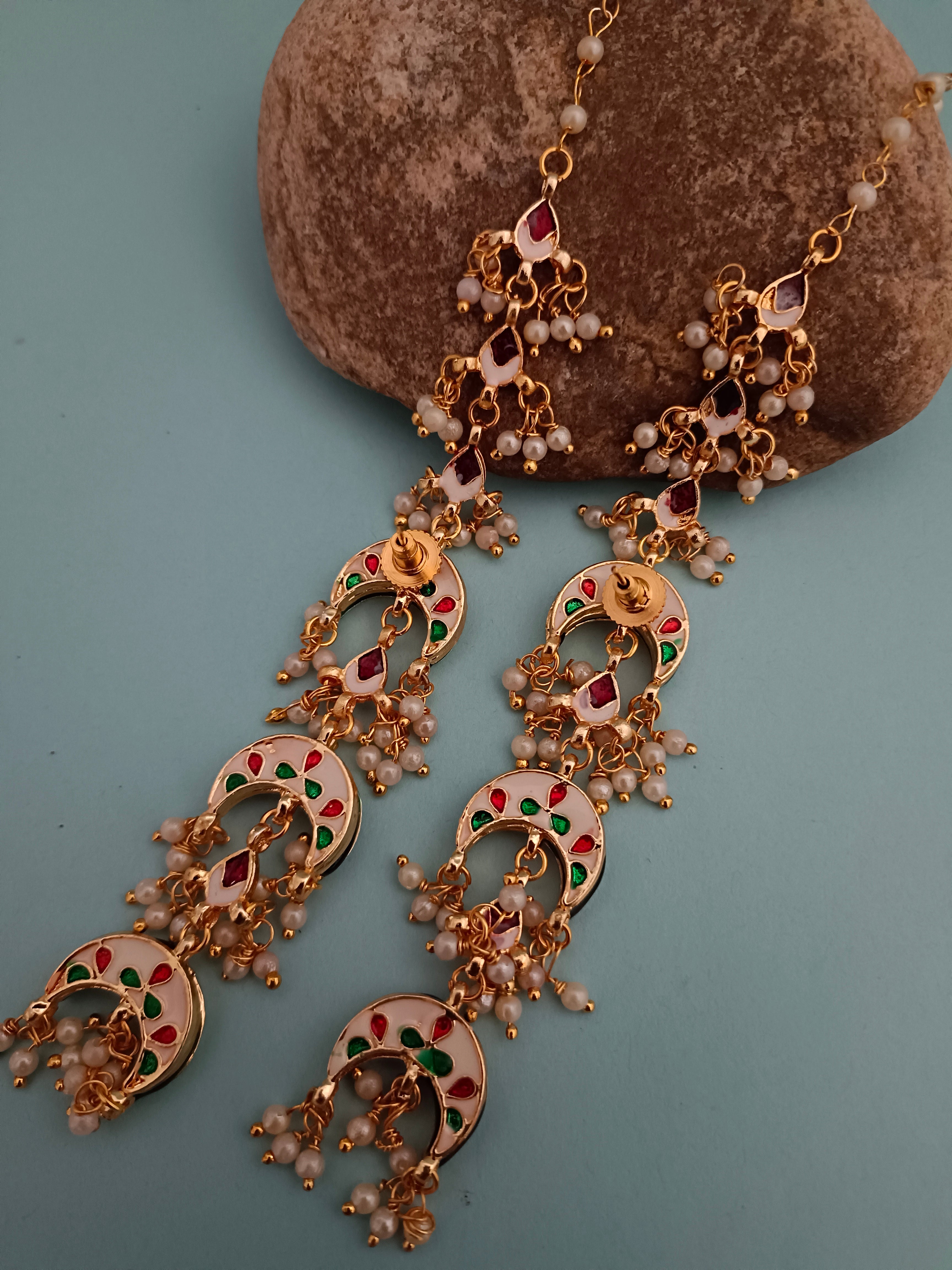 Sanjog Grand Kundan Chandbali Earrings Earchains with Saharay/Motichoor