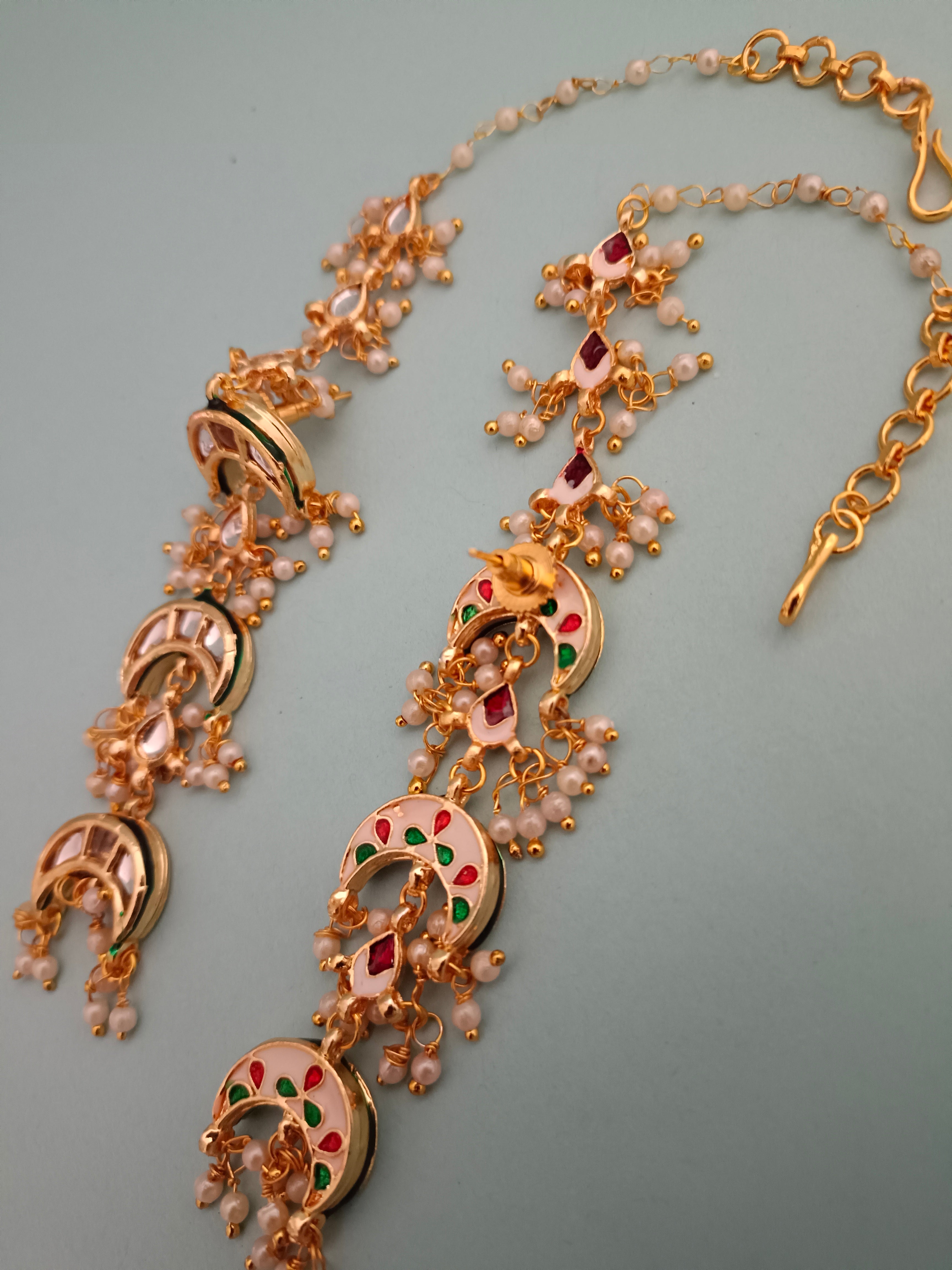 Sanjog Grand Kundan Chandbali Earrings Earchains with Saharay/Motichoor
