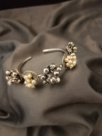 Sanjog Oxidized Silver-Tone Open Cuff Bracelet with Multi-Toned Floral and Pearl Clusters