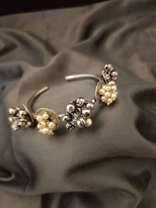 Sanjog Oxidized Silver-Tone Open Cuff Bracelet with Multi-Toned Floral and Pearl Clusters