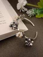 Sanjog Oxidized Silver-Tone Open Cuff Bracelet with Multi-Toned Floral and Pearl Clusters