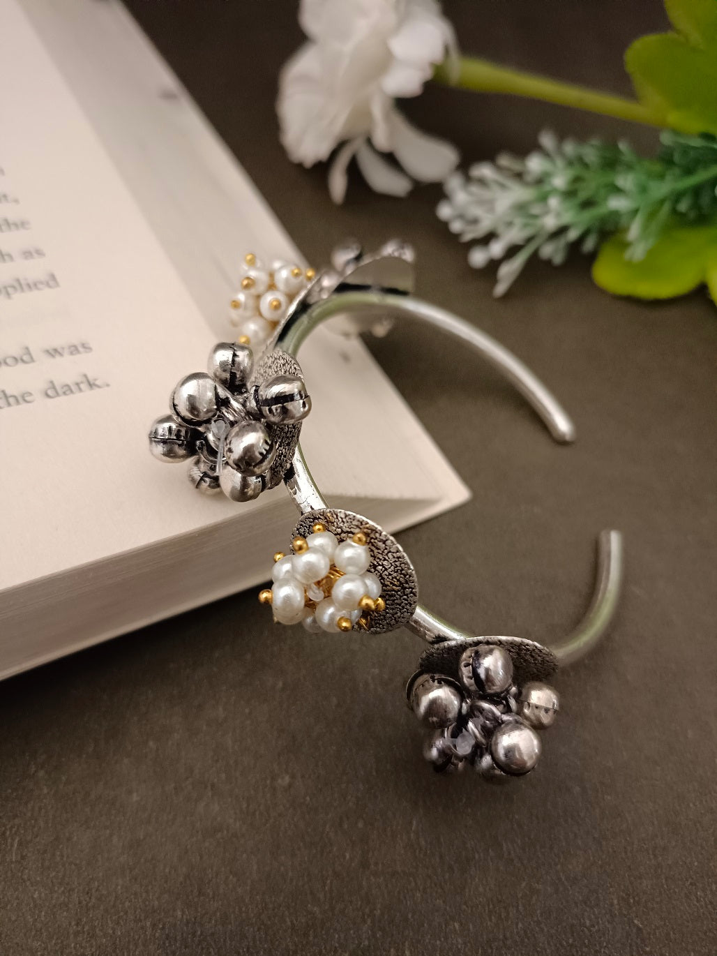 Sanjog Oxidized Silver-Tone Open Cuff Bracelet with Multi-Toned Floral and Pearl Clusters