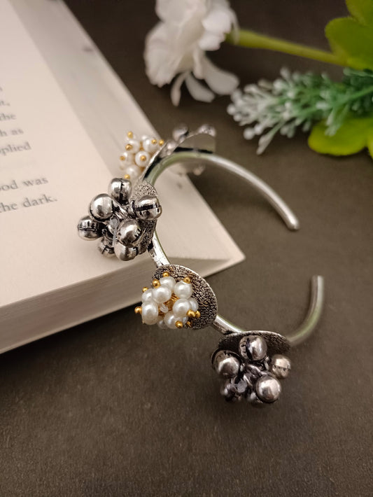 Sanjog Oxidized Silver-Tone Open Cuff Bracelet with Multi-Toned Floral and Pearl Clusters
