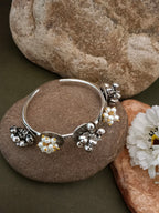 Sanjog Oxidized Silver-Tone Open Cuff Bracelet with Multi-Toned Floral and Pearl Clusters