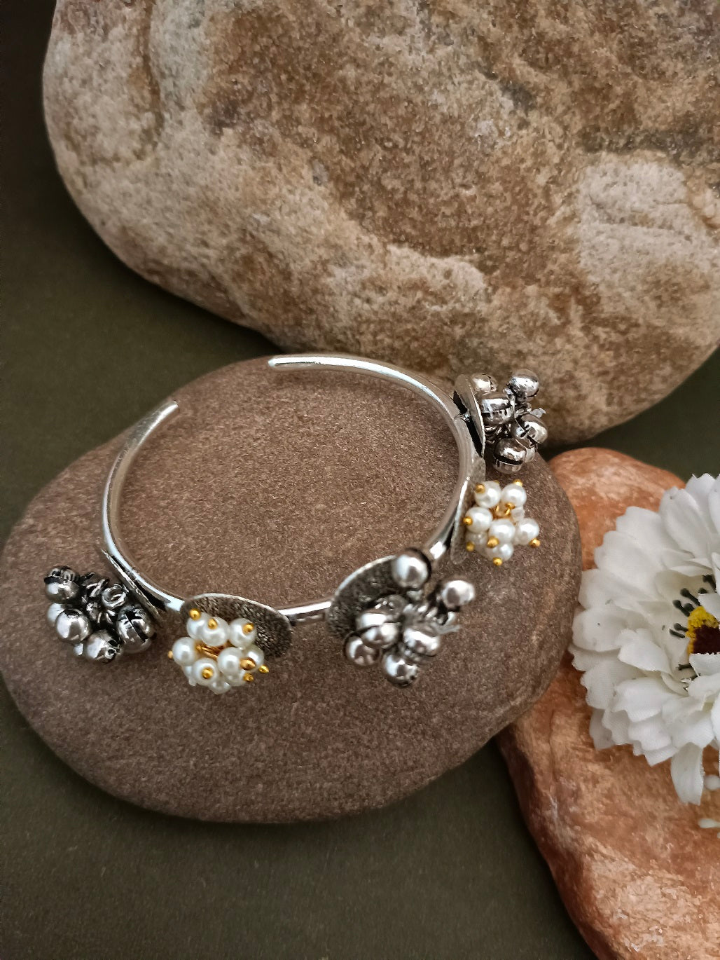 Sanjog Oxidized Silver-Tone Open Cuff Bracelet with Multi-Toned Floral and Pearl Clusters