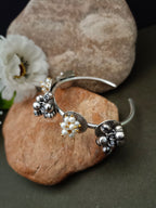 Sanjog Oxidized Silver-Tone Open Cuff Bracelet with Multi-Toned Floral and Pearl Clusters
