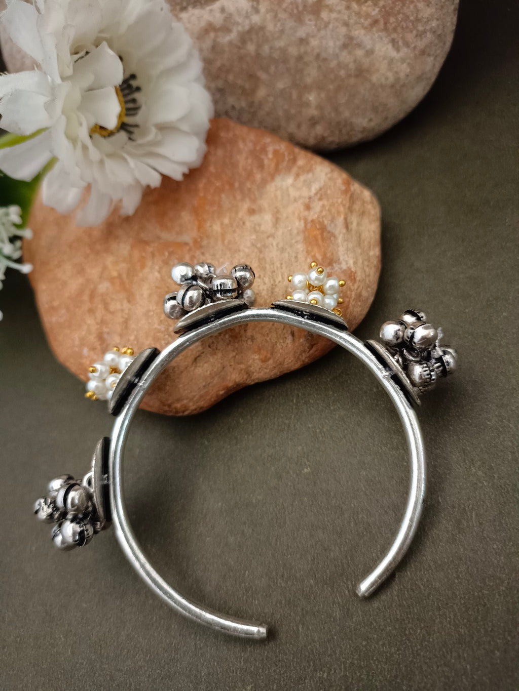 Sanjog Oxidized Silver-Tone Open Cuff Bracelet with Multi-Toned Floral and Pearl Clusters