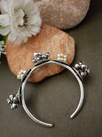 Sanjog Oxidized Silver-Tone Open Cuff Bracelet with Multi-Toned Floral and Pearl Clusters