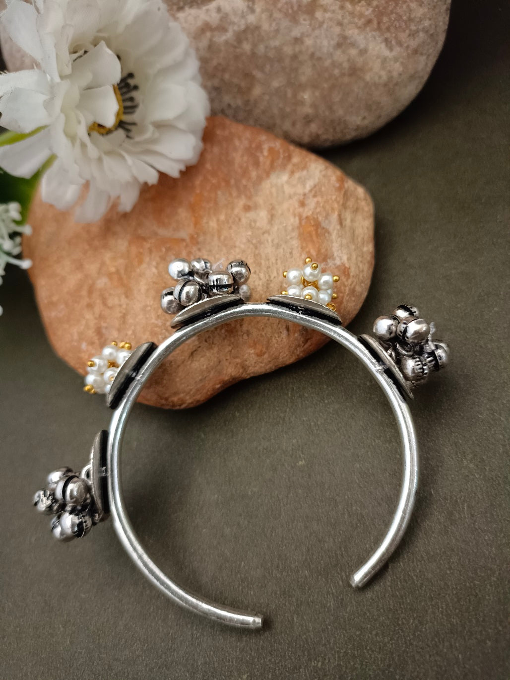 Sanjog Oxidized Silver-Tone Open Cuff Bracelet with Multi-Toned Floral and Pearl Clusters