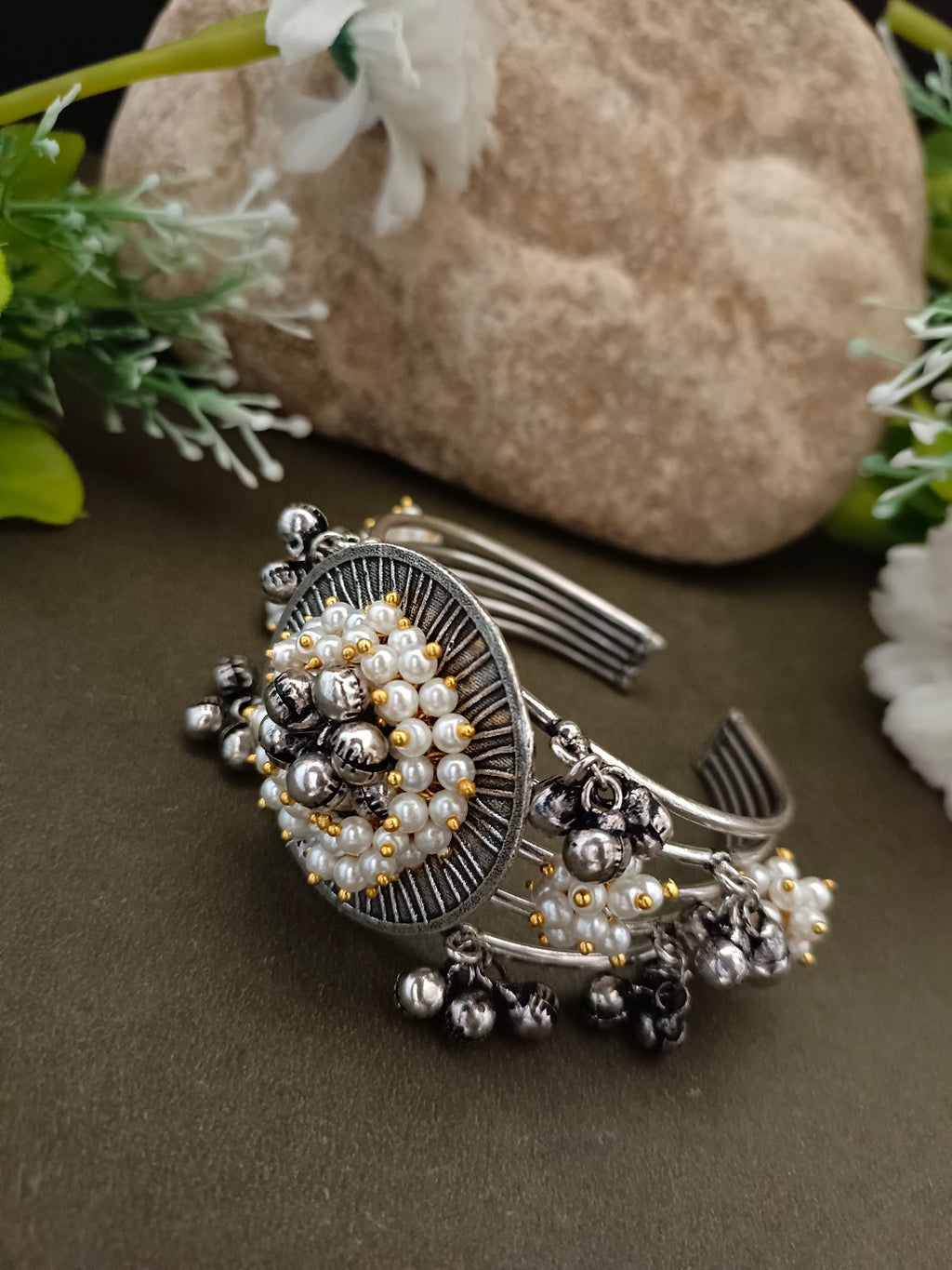 Sanjog Grand Oxidized Silver-Tone Open Cuff Bracelet with Central Pearl and Ghungroo Cluster