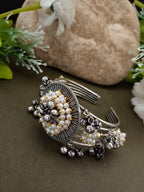 Sanjog Grand Oxidized Silver-Tone Open Cuff Bracelet with Central Pearl and Ghungroo Cluster