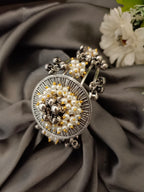 Sanjog Grand Oxidized Silver-Tone Open Cuff Bracelet with Central Pearl and Ghungroo Cluster