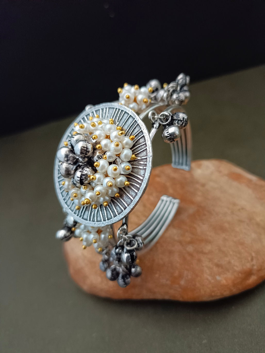 Sanjog Grand Oxidized Silver-Tone Open Cuff Bracelet with Central Pearl and Ghungroo Cluster