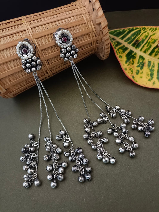 Sanjog Oxidized Silver Pearl Stud Drop Earrings with Long Chain Tassels and Ghungroo Bells