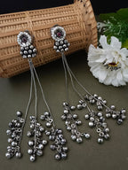 Sanjog Oxidized Silver Pearl Stud Drop Earrings with Long Chain Tassels and Ghungroo Bells