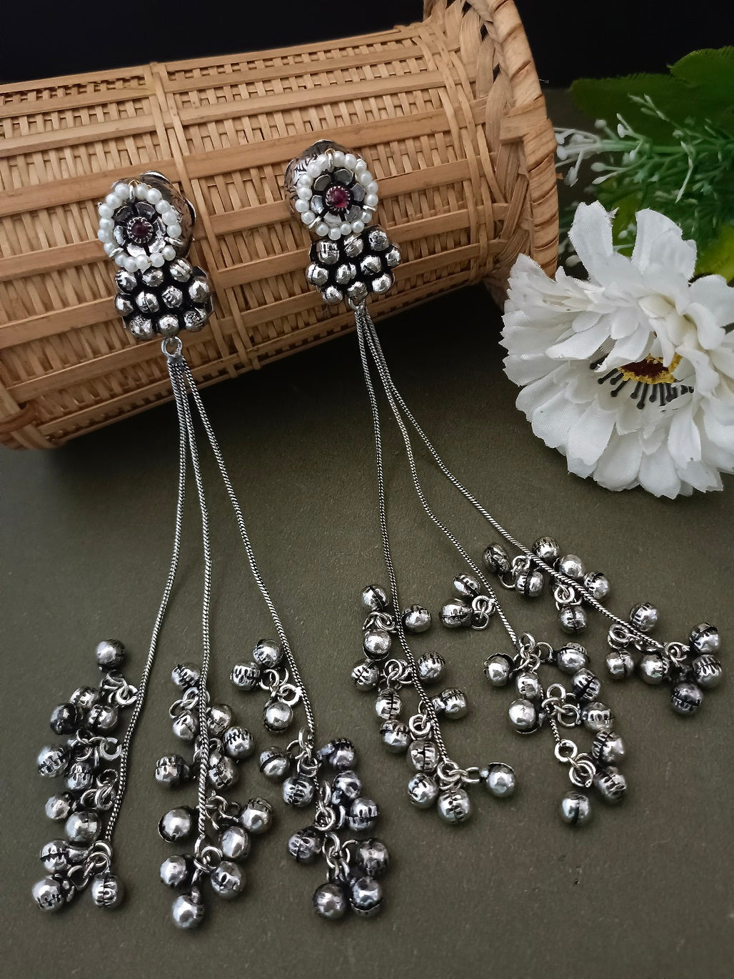 Sanjog Oxidized Silver Pearl Stud Drop Earrings with Long Chain Tassels and Ghungroo Bells