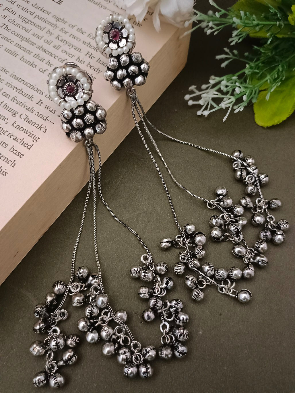 Sanjog Oxidized Silver Pearl Stud Drop Earrings with Long Chain Tassels and Ghungroo Bells