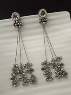 Sanjog Oxidized Silver Pearl Stud Drop Earrings with Long Chain Tassels and Ghungroo Bells